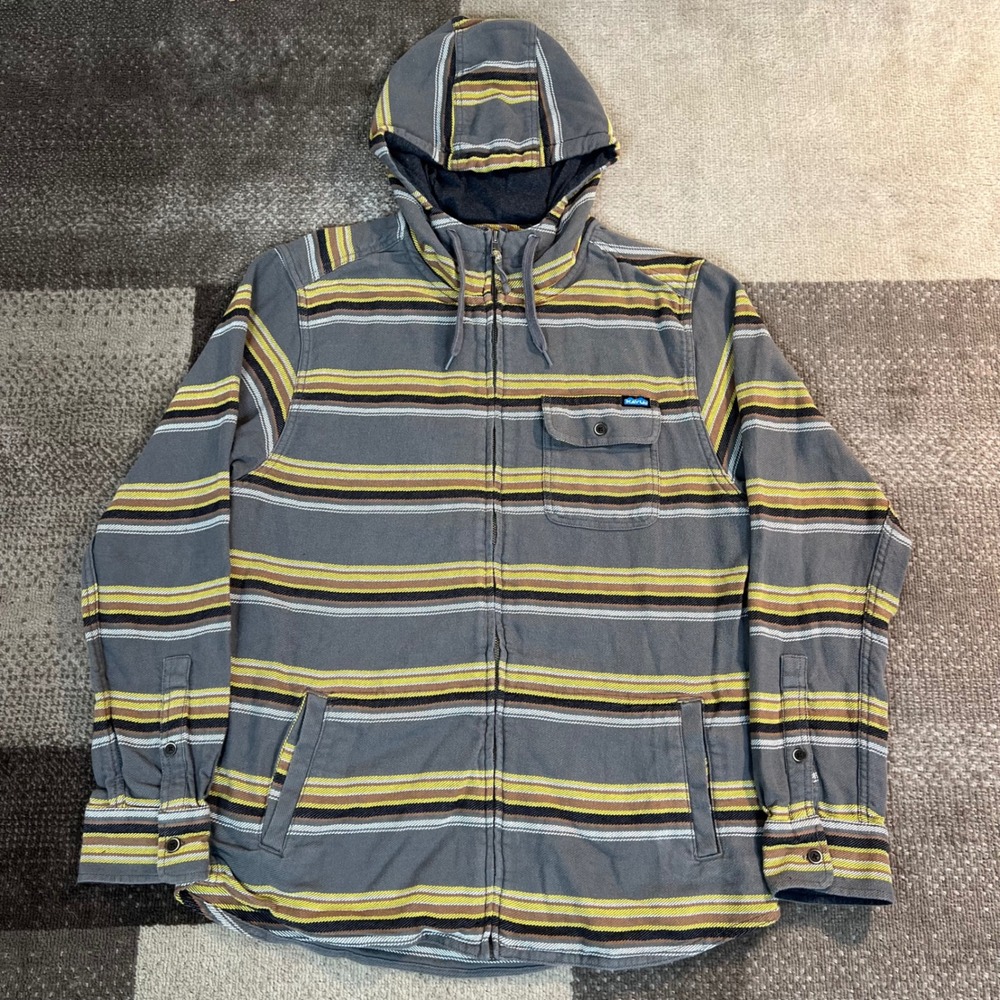 Kavu Mens Large Striped Full Zip Hooded Flannel Shirt Seaboard Hoodie Surf Skate